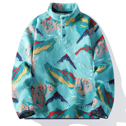 Men’s Pullover with Snap-Button Neckline, Relaxed Fit and All-Over Landscape Pattern 1