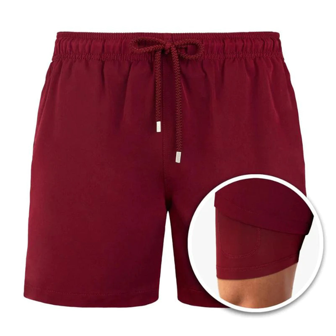 Men's 2-in-1 Swim Shorts with Drawstring Waist and Velcro Pockets