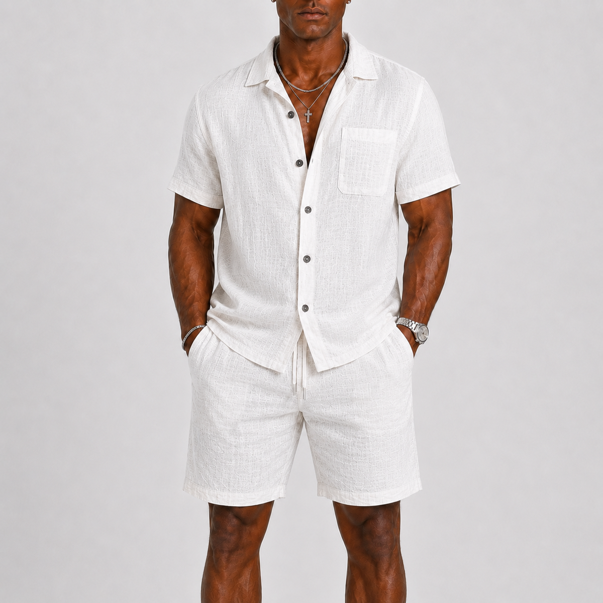 Men's Short Sleeve Shirt and Shorts Set with Chest Pocket and Drawstring Waist