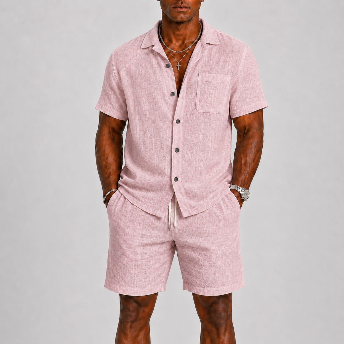 Men's Short Sleeve Shirt and Shorts Set with Chest Pocket and Drawstring Waist