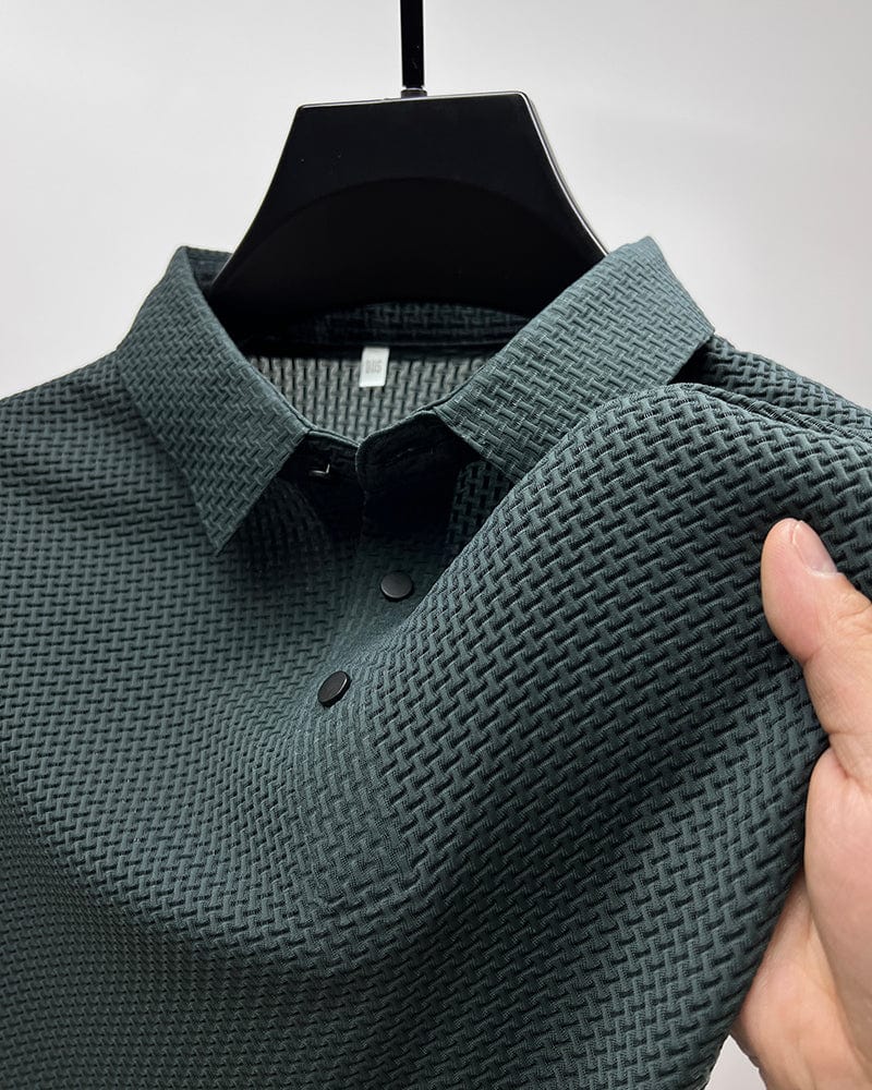 Men's Slim-Fit Short-Sleeve Polo Shirt with Textured Waffle Pattern and Button Placket