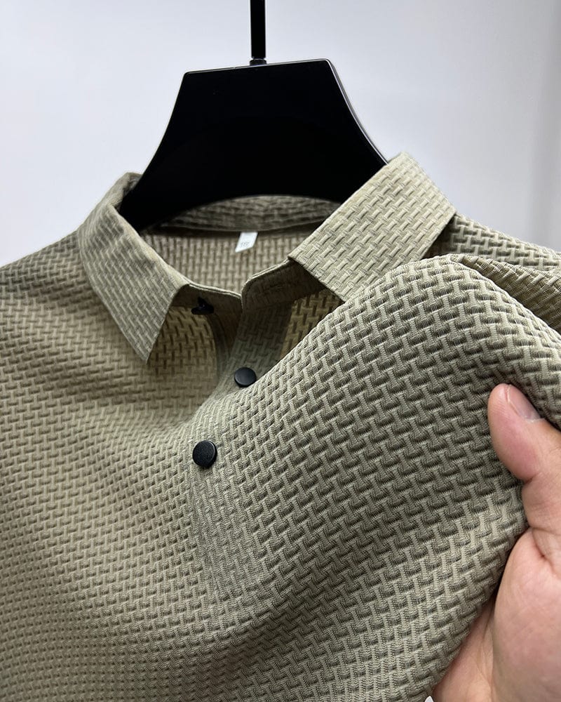 Men's Slim-Fit Short-Sleeve Polo Shirt with Textured Waffle Pattern and Button Placket