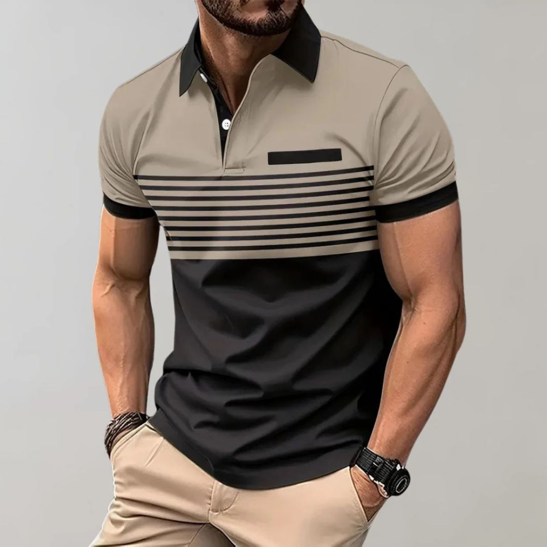 Men's Striped Polo Shirt with Contrast Collar and Chest Pocket