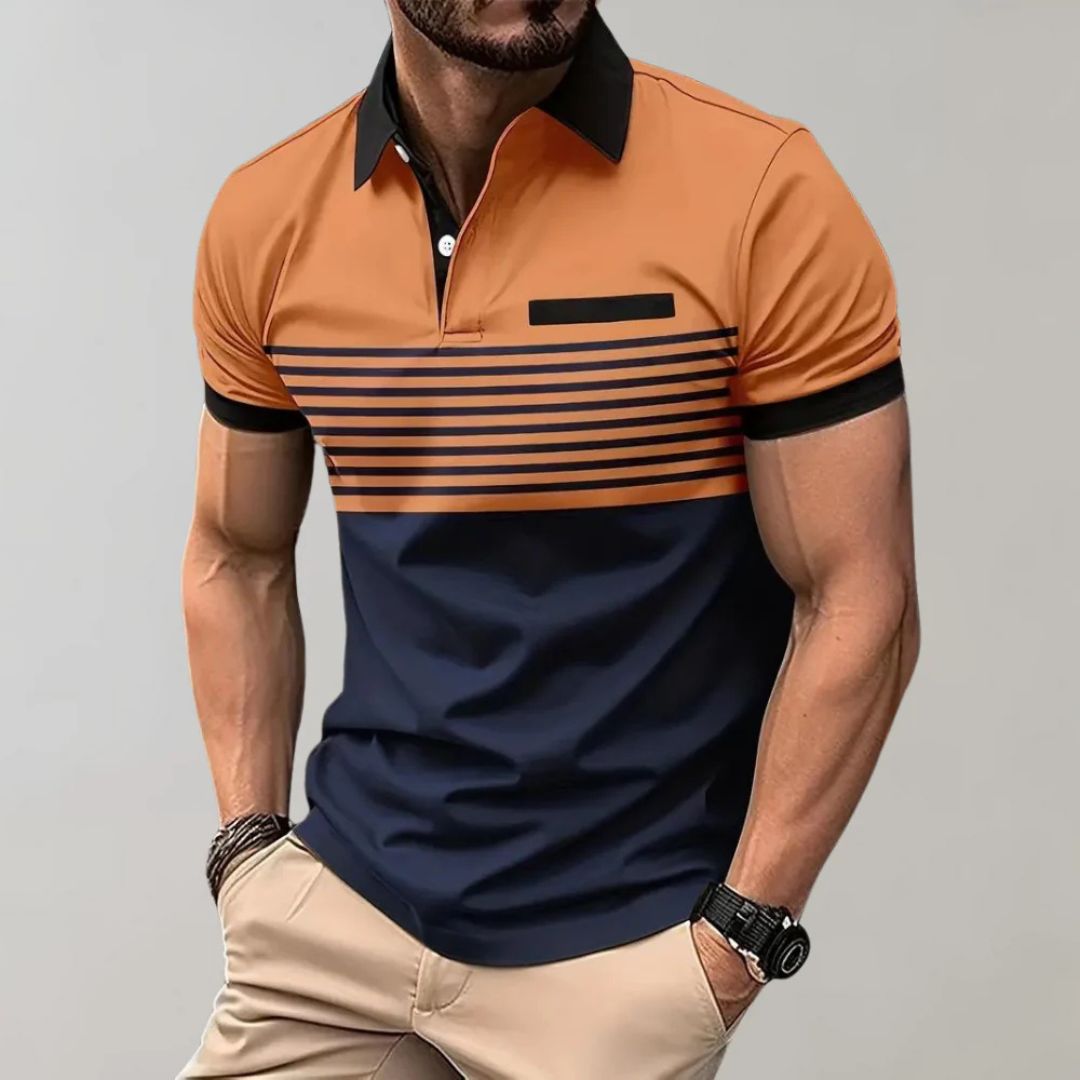 Men's Striped Polo Shirt with Contrast Collar and Chest Pocket