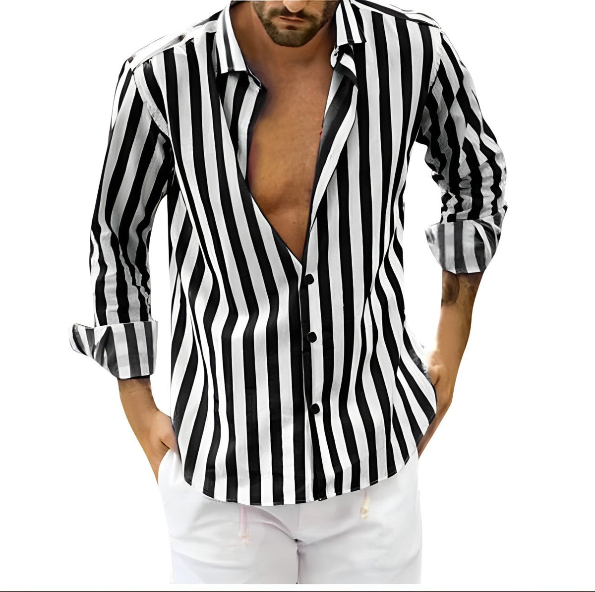 Men's Striped Shirt with Turn-Down Collar