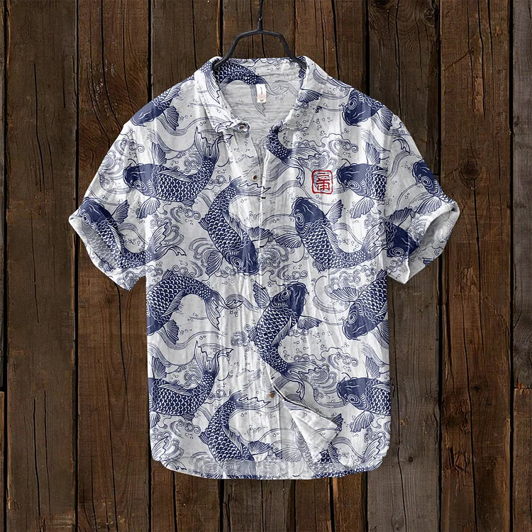 Men's Vintage Short Sleeve Shirt with Japanese Fish Art Print