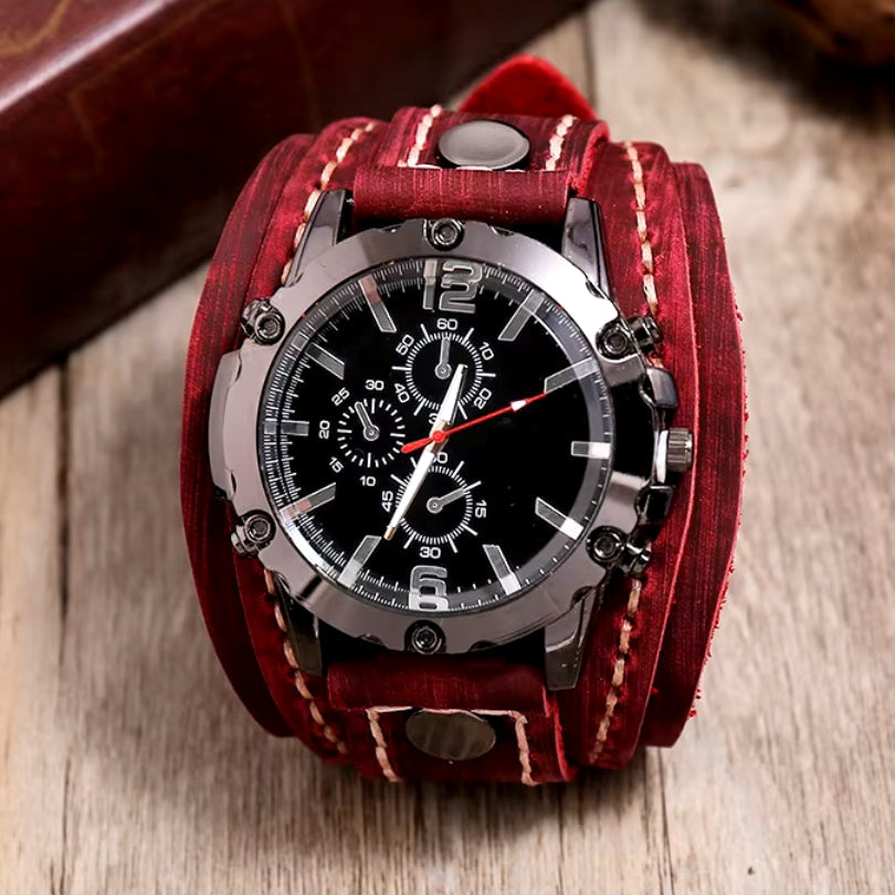 Men's Wide Cuff Chronograph Watch with Leather Look Strap and Buckle Clasp
