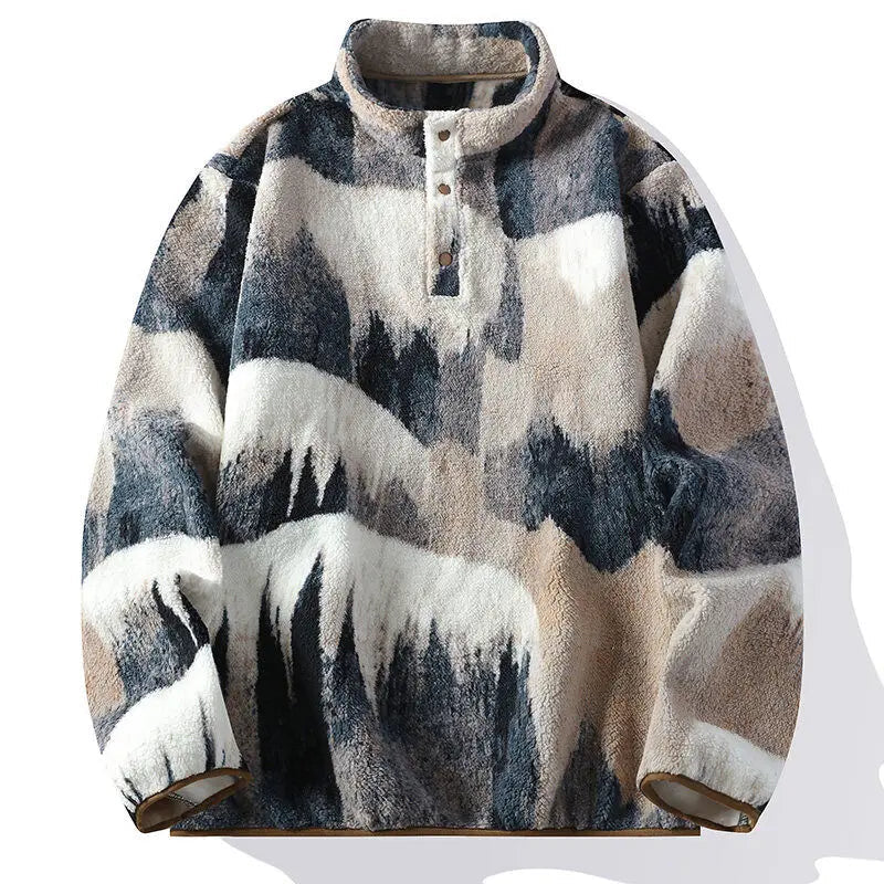 Men’s Pullover with Snap-Button Neckline, Relaxed Fit and All-Over Landscape Pattern 3