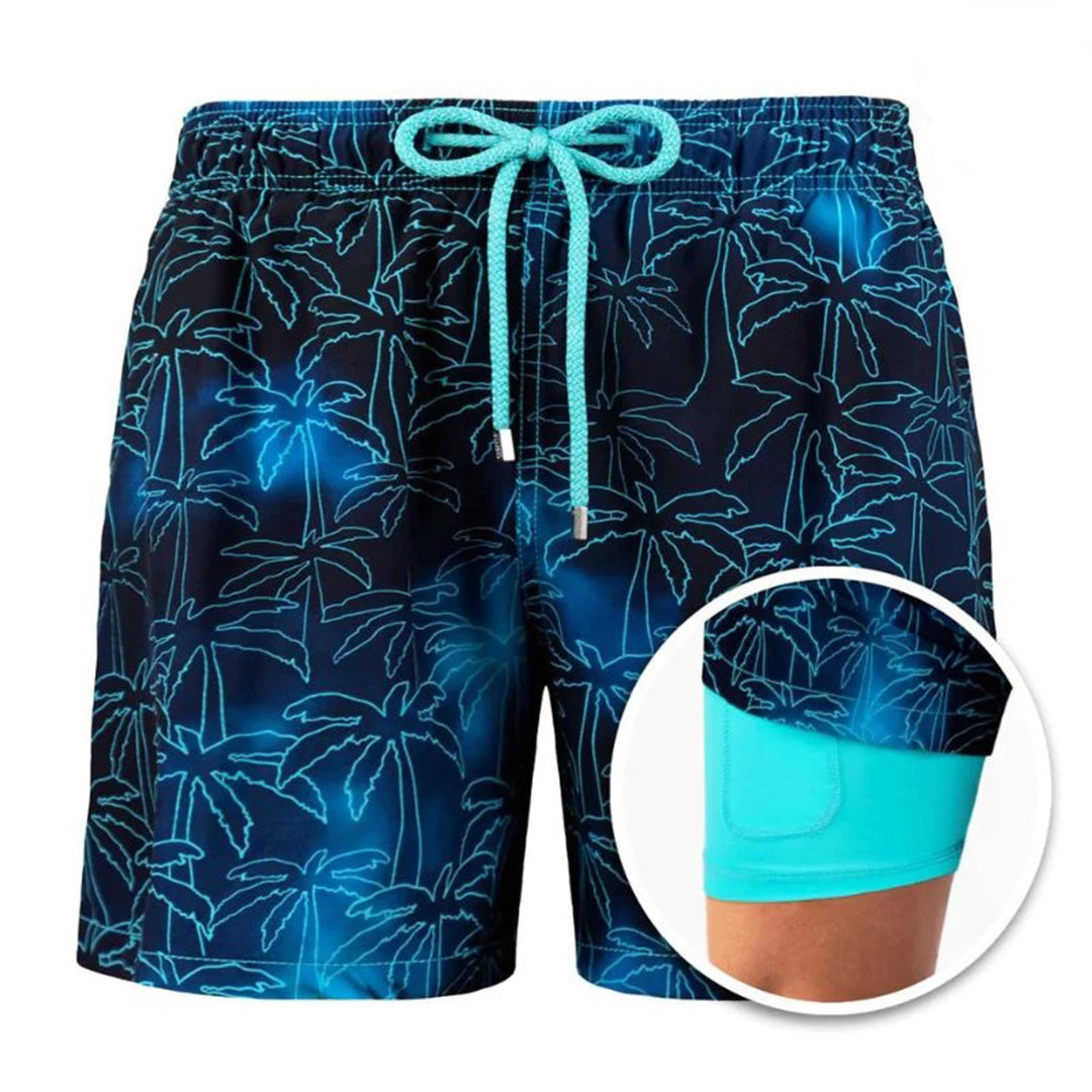 Men's 2-in-1 Swim Shorts with Drawstring Waist and Velcro Pockets