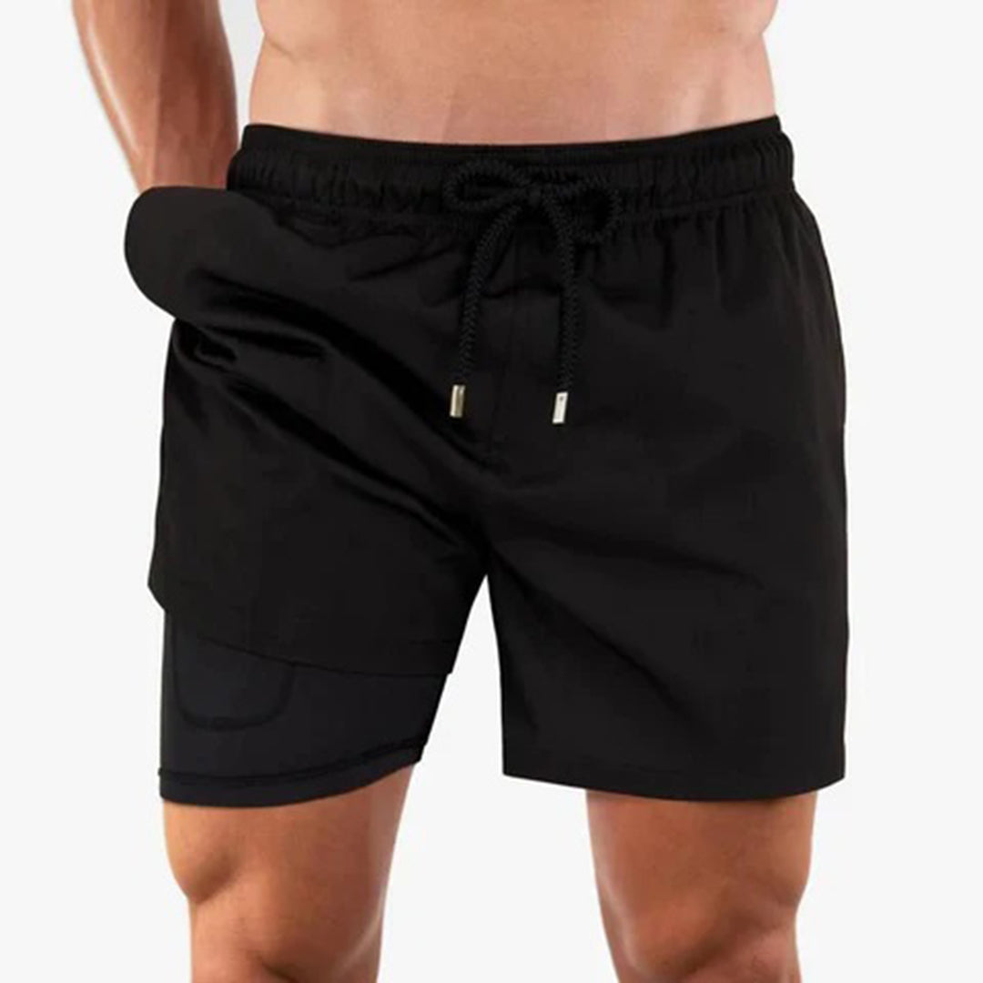Men's 2-in-1 Swim Shorts with Drawstring Waist and Velcro Pockets