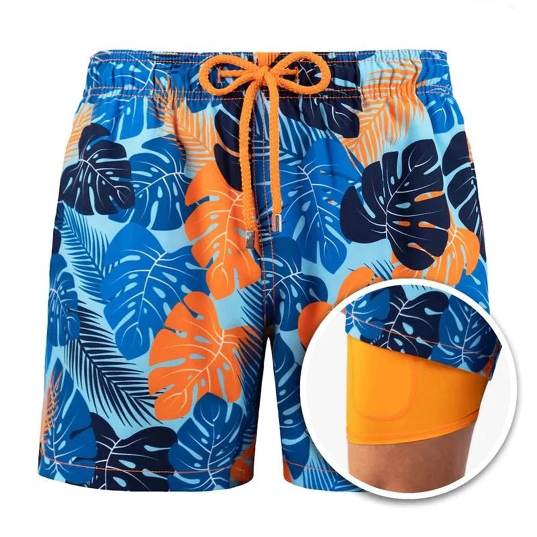 Men's 2-in-1 Swim Shorts with Drawstring Waist and Velcro Pockets