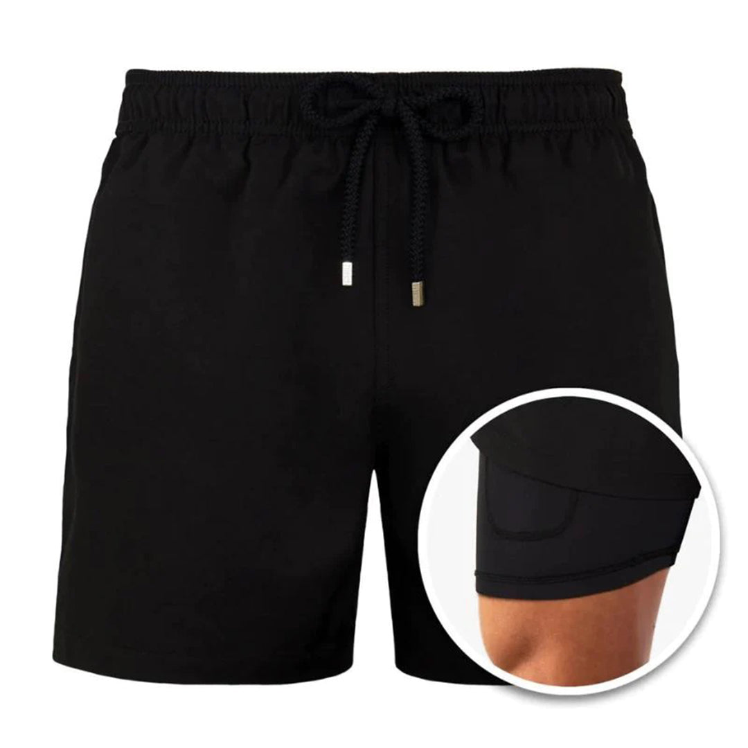 Men's 2-in-1 Swim Shorts with Drawstring Waist and Velcro Pockets