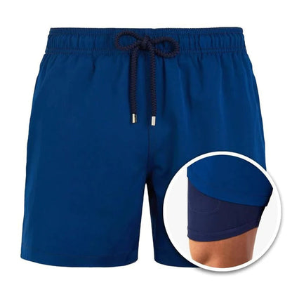Men's 2-in-1 Swim Shorts with Drawstring Waist and Velcro Pockets