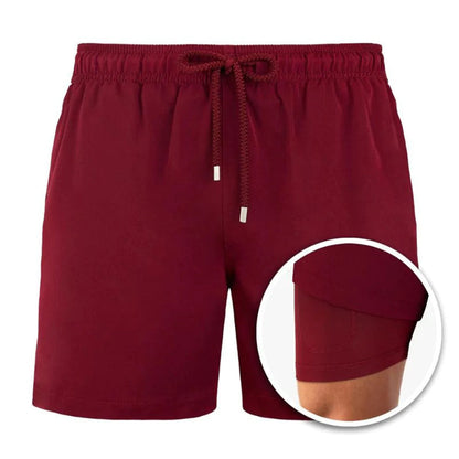 Men's 2-in-1 Swim Shorts with Drawstring Waist and Velcro Pockets