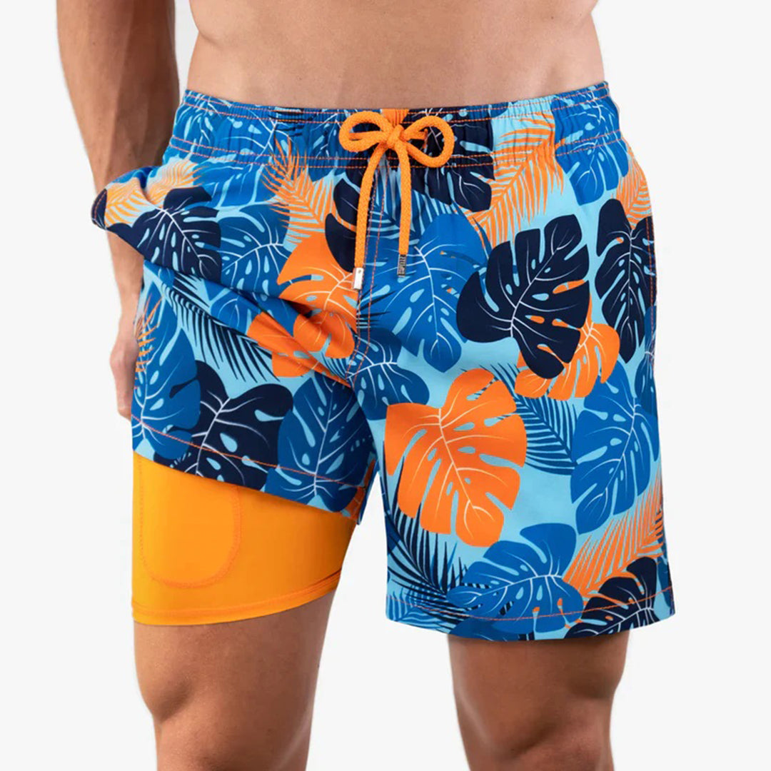 Men's 2-in-1 Swim Shorts with Drawstring Waist and Velcro Pockets