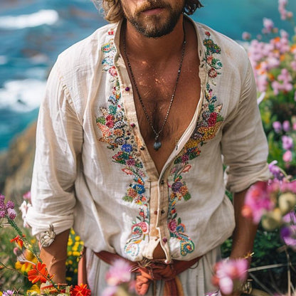 Men's Bohemian Grandad Collar Shirt with Floral Embroidery