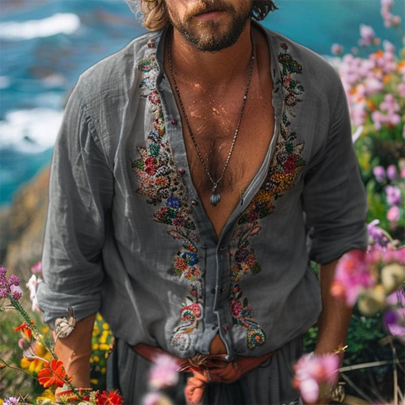 Men's Bohemian Grandad Collar Shirt with Floral Embroidery