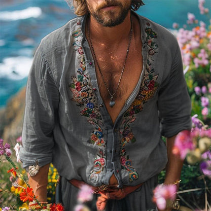 Men's Bohemian Grandad Collar Shirt with Floral Embroidery