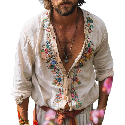Men's Bohemian Grandad Collar Shirt with Floral Embroidery