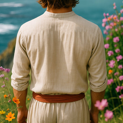 Men's Bohemian Grandad Collar Shirt with Floral Embroidery