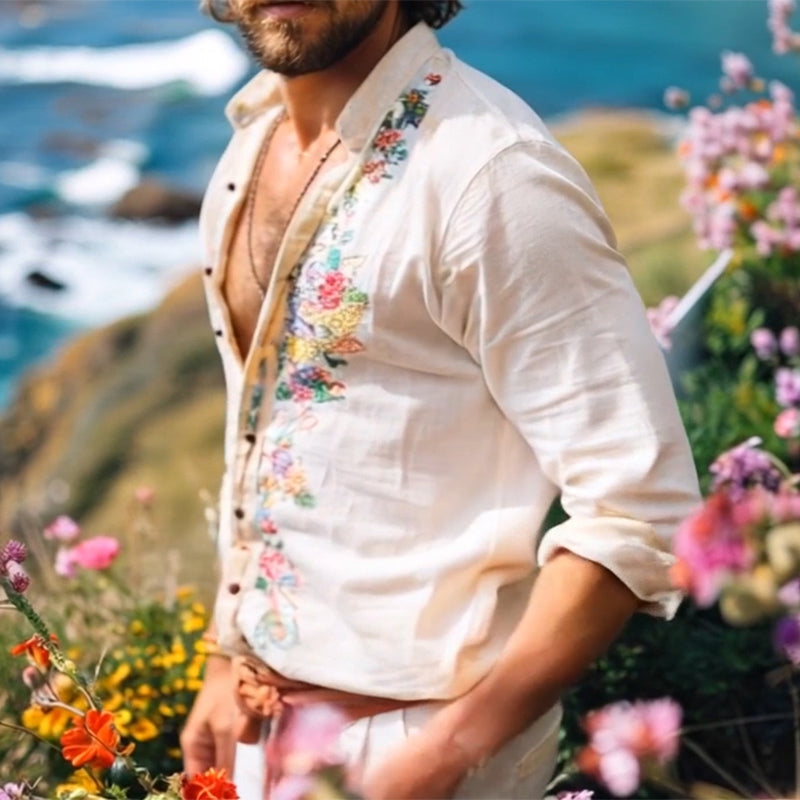 Men's Bohemian Grandad Collar Shirt with Floral Embroidery