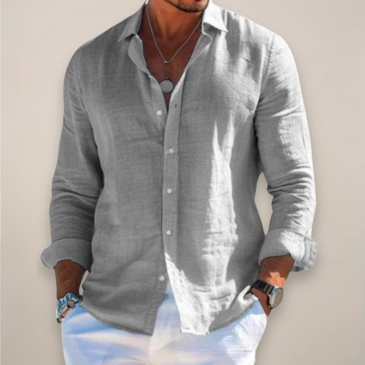 Men's Button-Down Shirt with Classic Collar and Long Sleeves