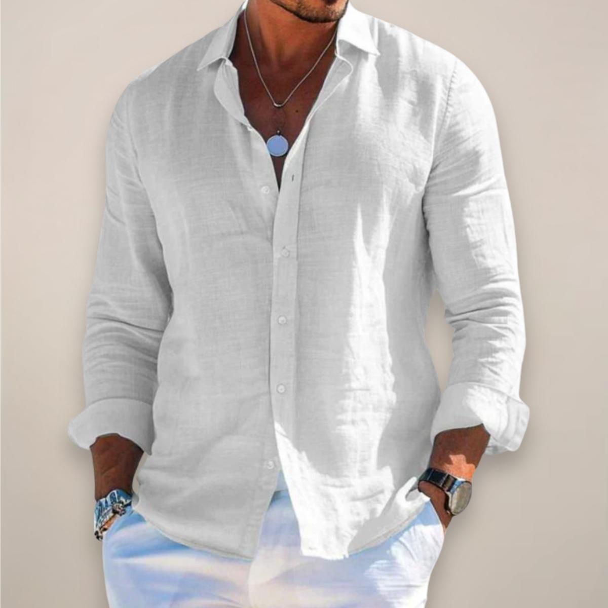 Men's Button-Down Shirt with Classic Collar and Long Sleeves