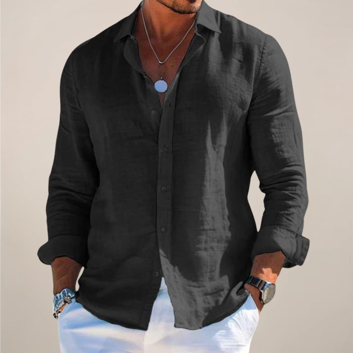 Men's Button-Down Shirt with Classic Collar and Long Sleeves