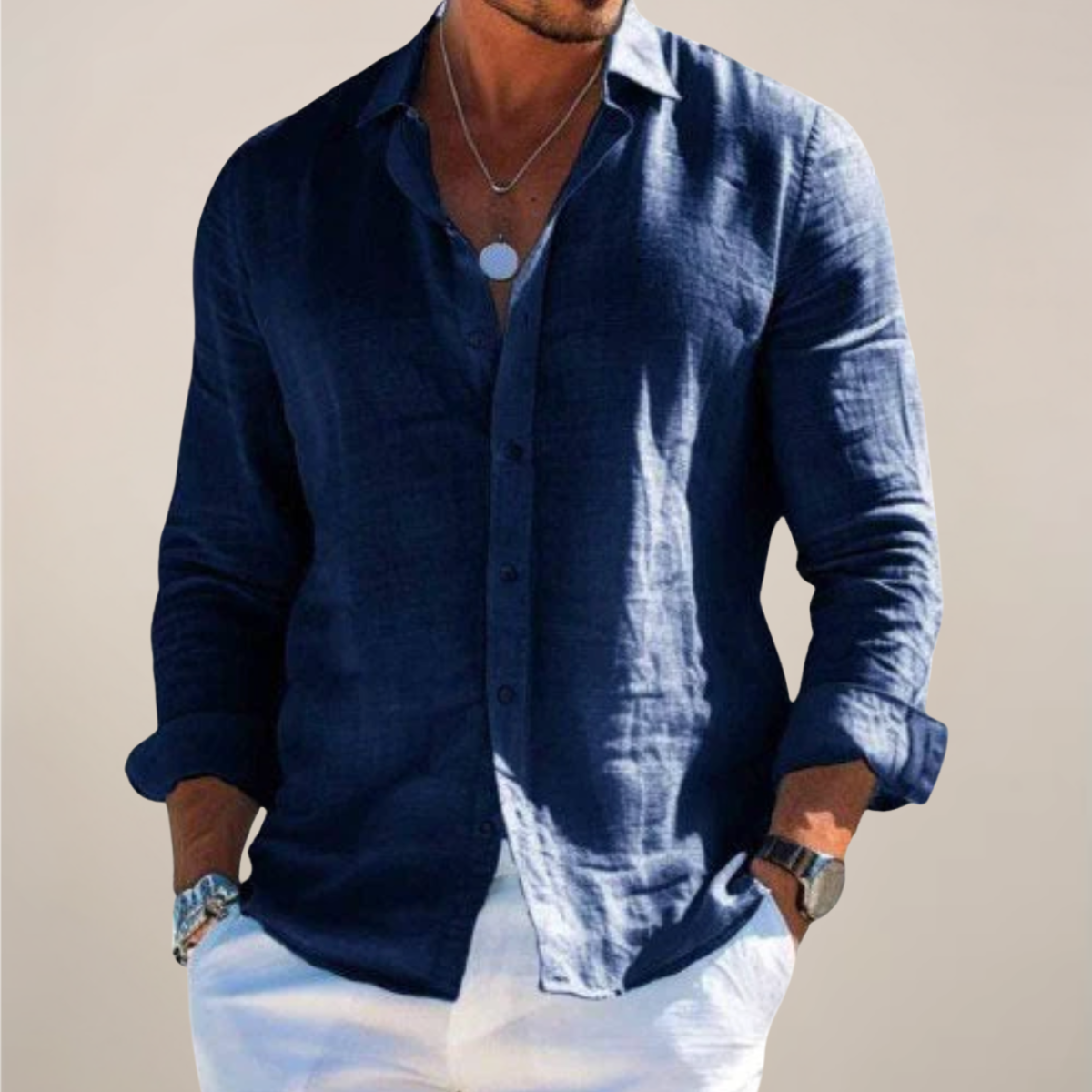 Men's Button-Down Shirt with Classic Collar and Long Sleeves