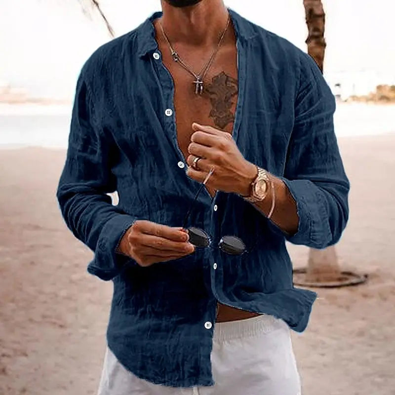 Men's Casual Button-Down Shirt with Open Collar and Long Sleeves