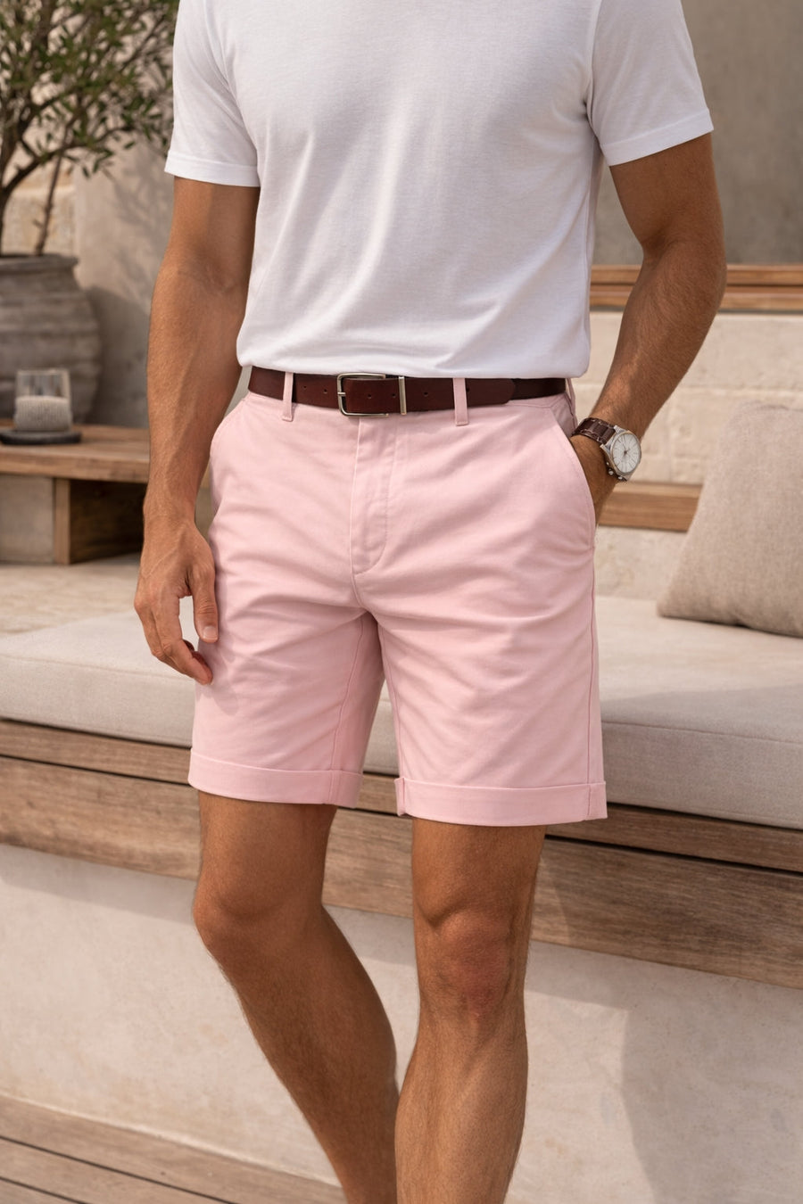 Men's Chino Shorts with Cuffed Hem and Back Pockets