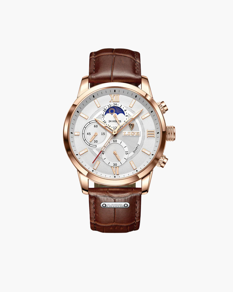 Men's Chronograph Watch with Moon Phase Dial and Roman Numerals