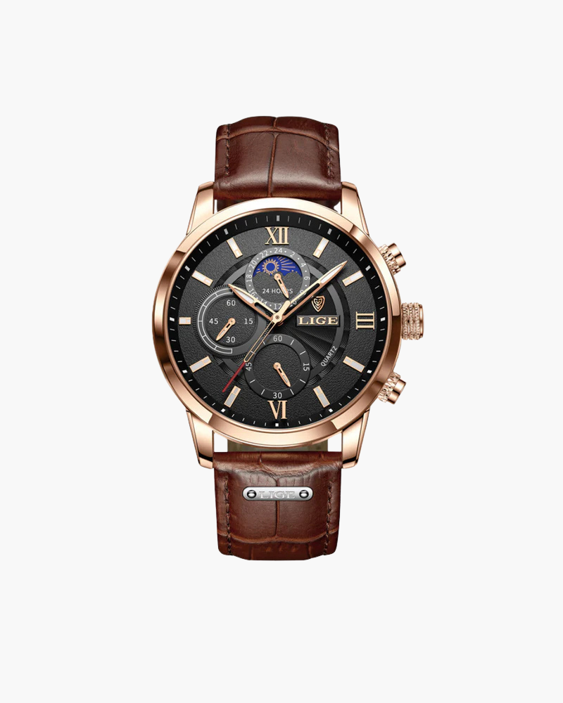Men's Chronograph Watch with Moon Phase Dial and Roman Numerals