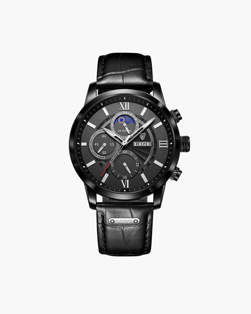 Men's Chronograph Watch with Moon Phase Dial and Roman Numerals