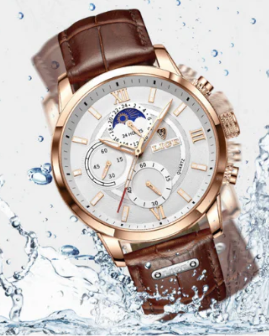 Men's Chronograph Watch with Moon Phase Dial and Roman Numerals