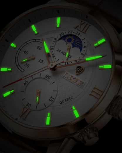 Men's Chronograph Watch with Moon Phase Dial and Roman Numerals