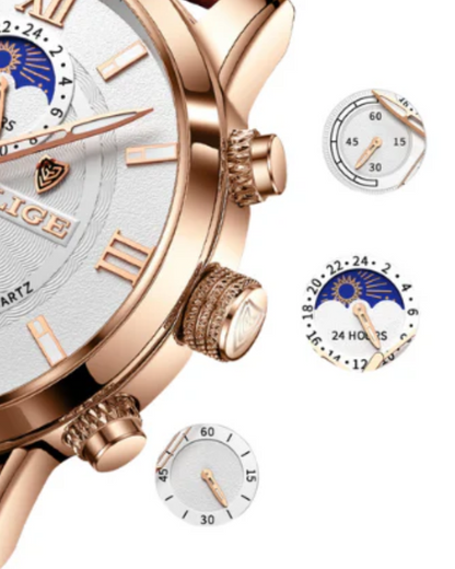 Men's Chronograph Watch with Moon Phase Dial and Roman Numerals
