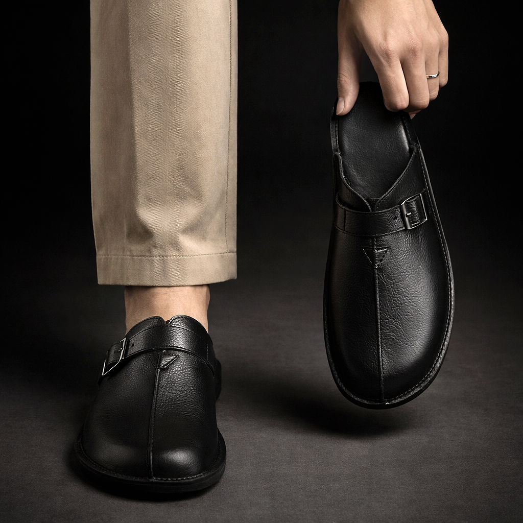 Men's Closed-Toe Slip-On Mules with Buckle Strap