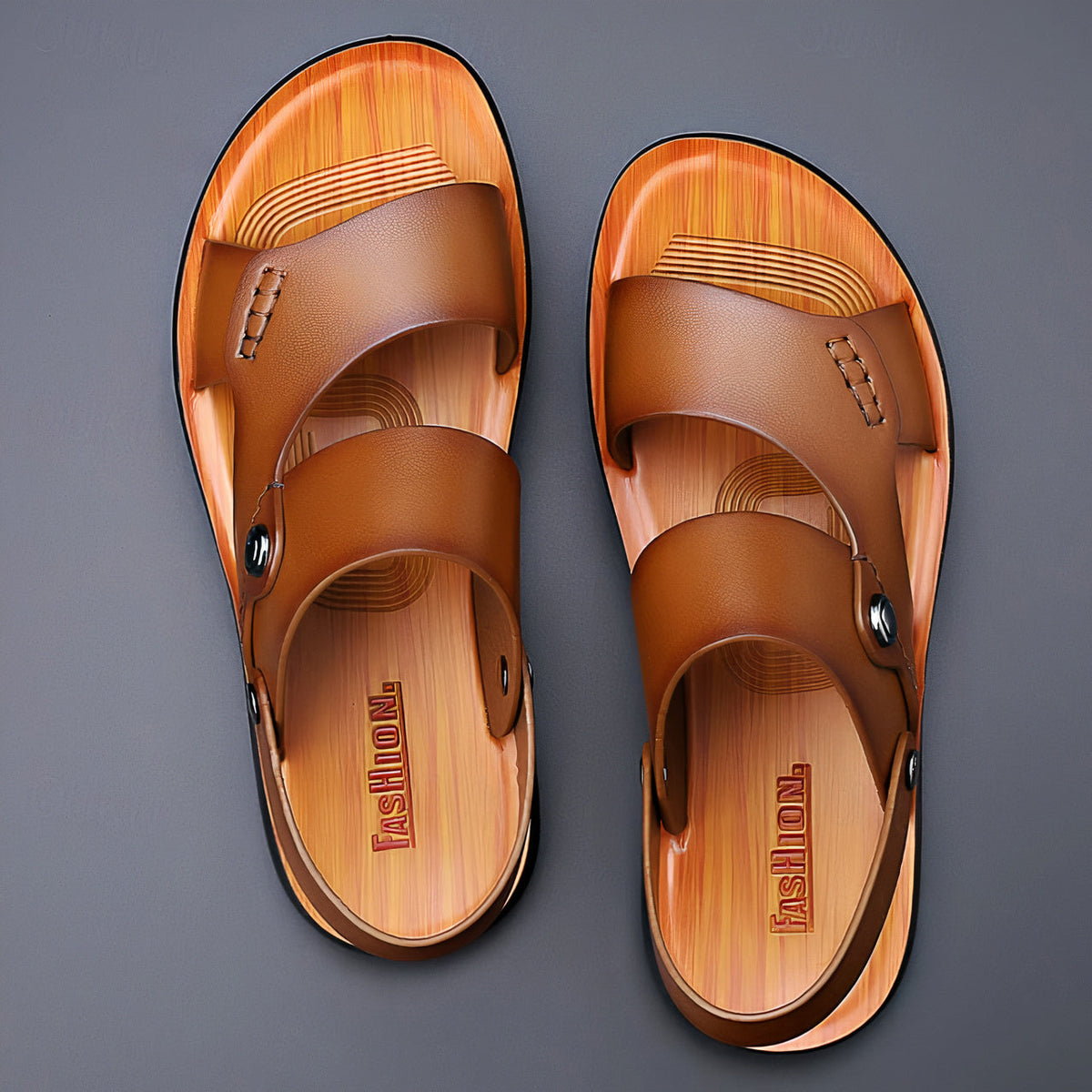 Men's Double Strap Sandals with Buckles and Faux Leather Look