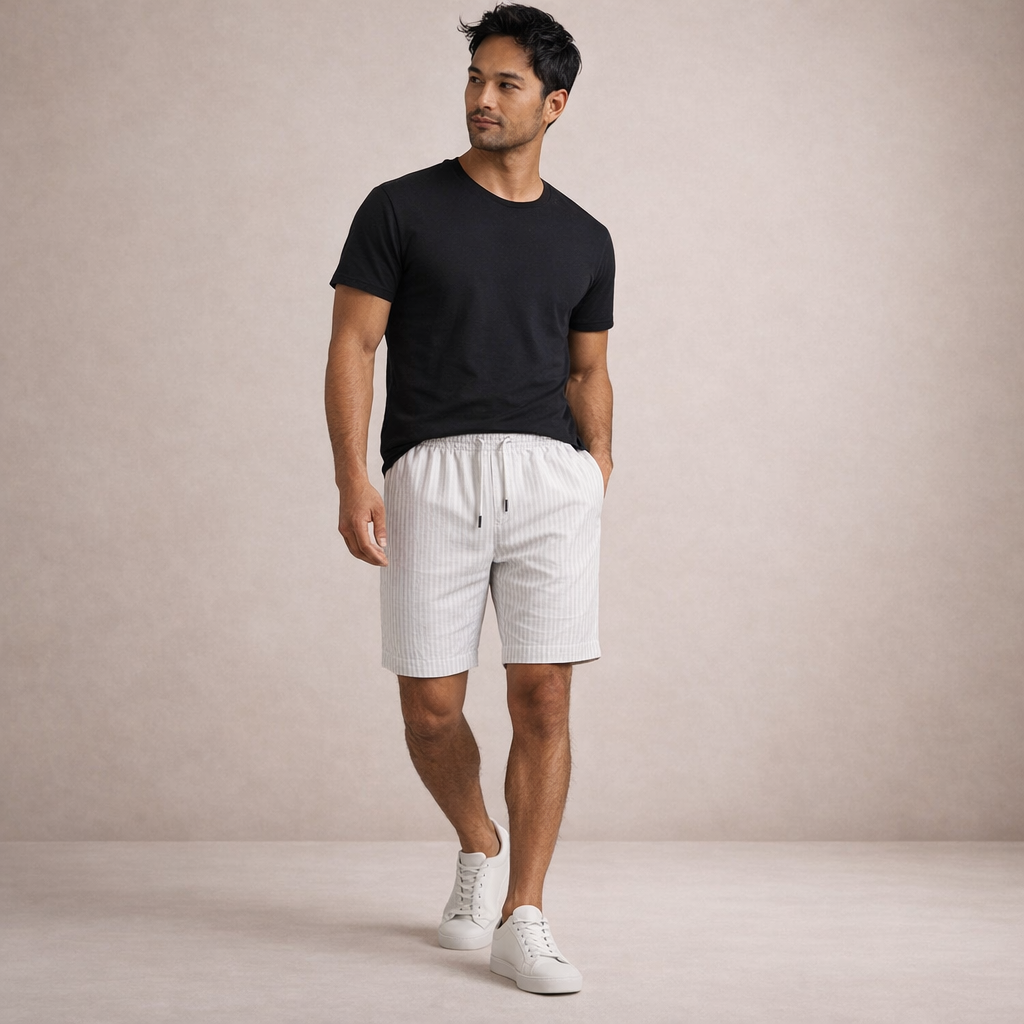 Men's Drawstring Shorts with Elbow-Free Relaxed Silhouette and Vertical Stripe Detailing