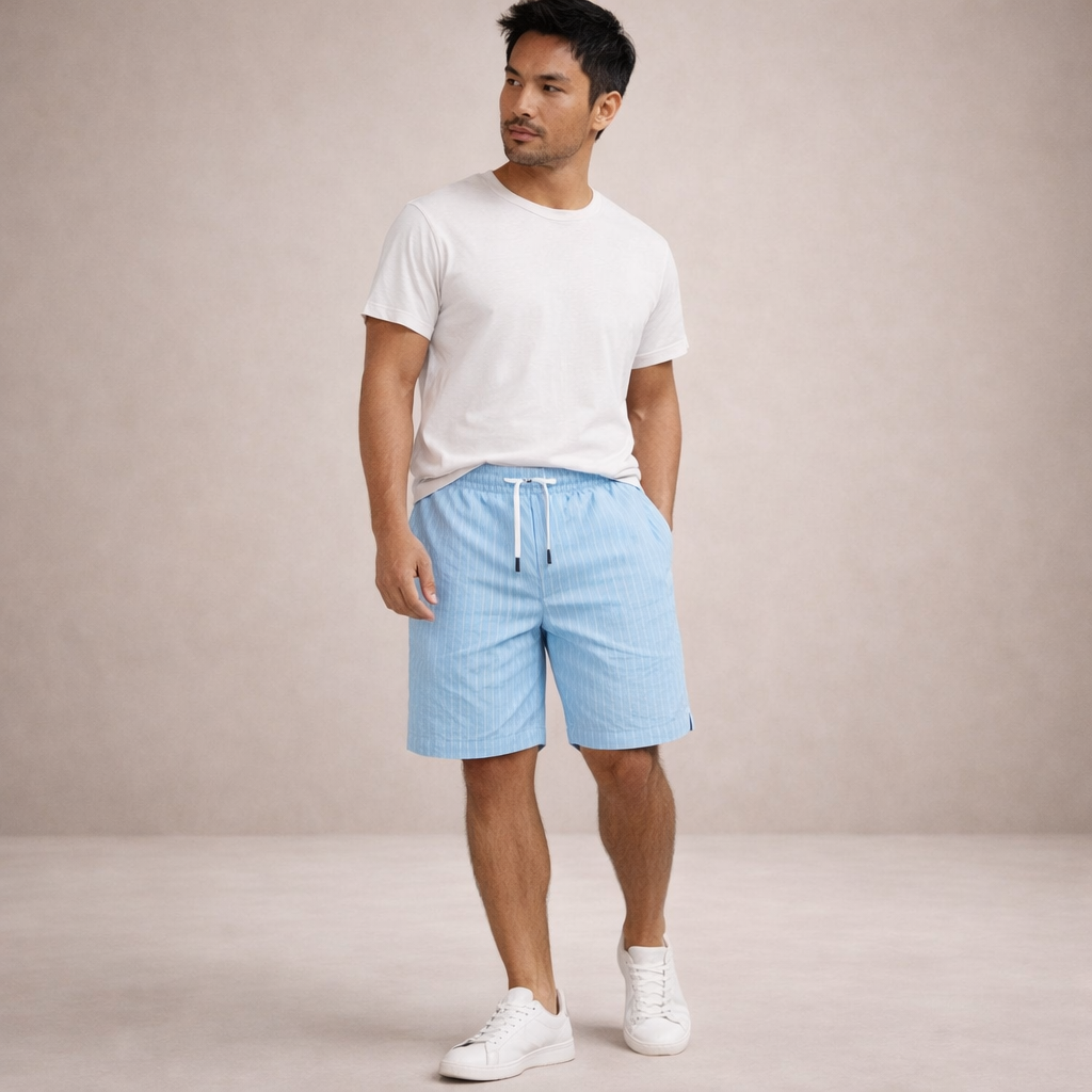 Men's Drawstring Shorts with Elbow-Free Relaxed Silhouette and Vertical Stripe Detailing