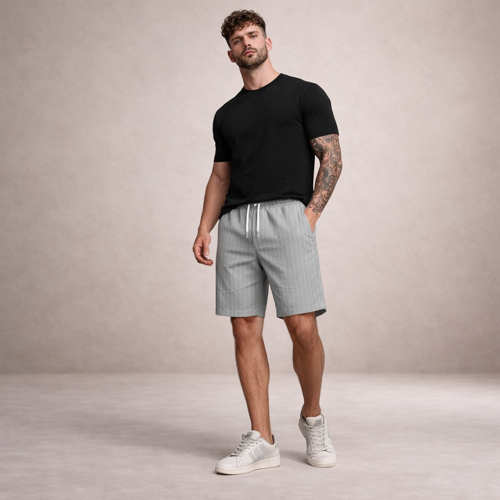 Men's Drawstring Shorts with Elbow-Free Relaxed Silhouette and Vertical Stripe Detailing