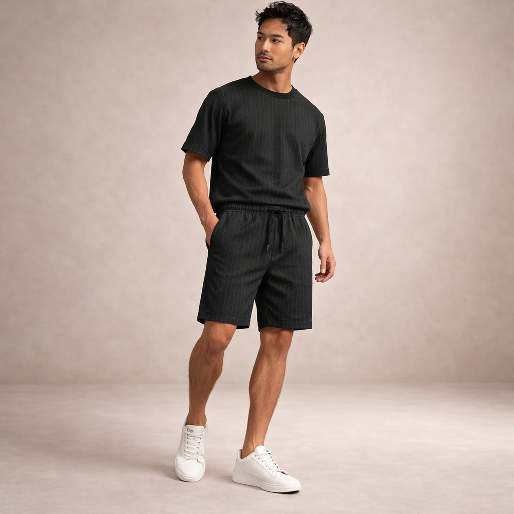 Men's Drawstring Shorts with Elbow-Free Relaxed Silhouette and Vertical Stripe Detailing