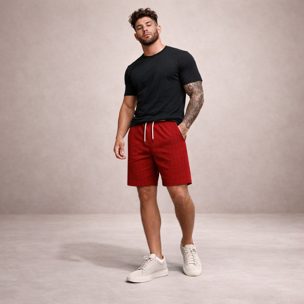 Men's Drawstring Shorts with Elbow-Free Relaxed Silhouette and Vertical Stripe Detailing