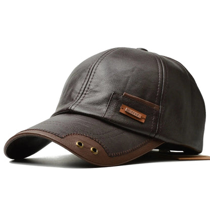 Men's Faux Leather Six-Panel Baseball Cap with Brass Eyelets and Contrast Brim