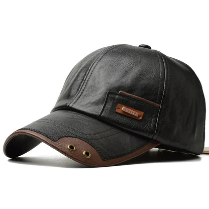 Men's Faux Leather Six-Panel Baseball Cap with Brass Eyelets and Contrast Brim