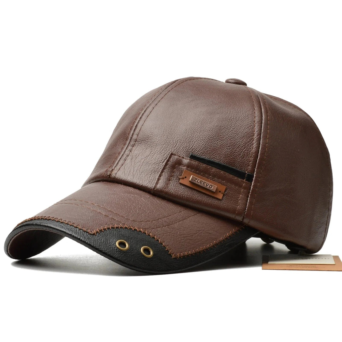 Men's Faux Leather Six-Panel Baseball Cap with Brass Eyelets and Contrast Brim