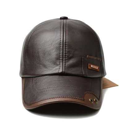 Men's Faux Leather Six-Panel Baseball Cap with Brass Eyelets and Contrast Brim