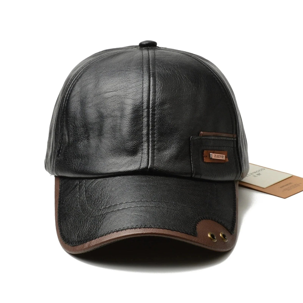 Men's Faux Leather Six-Panel Baseball Cap with Brass Eyelets and Contrast Brim