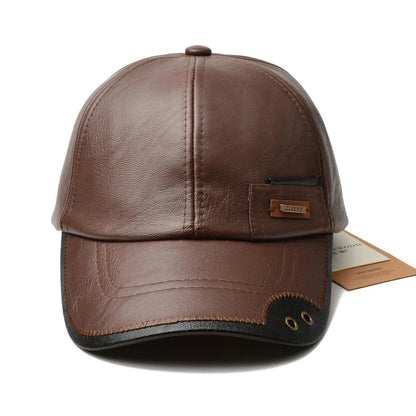 Men's Faux Leather Six-Panel Baseball Cap with Brass Eyelets and Contrast Brim